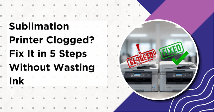 Unclog sublimation printer: printer with red warning sign next to fixed printer with green checkmark