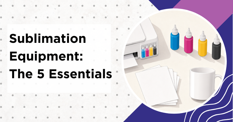 Sublimation equipment for beginners: printer, ink bottles, sublimation paper, heat-resistant tape and a blank mug